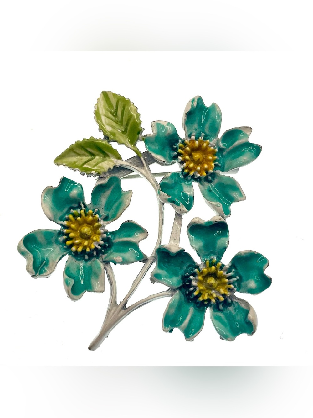 Vintage 1960s Painted Metal Floral Brooch Aqua Blue Flowers Green Leaves 2”